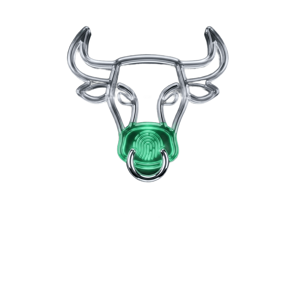 Crystal glass render of the Muzzle Biometrics crest: translucent bull with a green fingerprint muzzle (conceptual brand artwork).