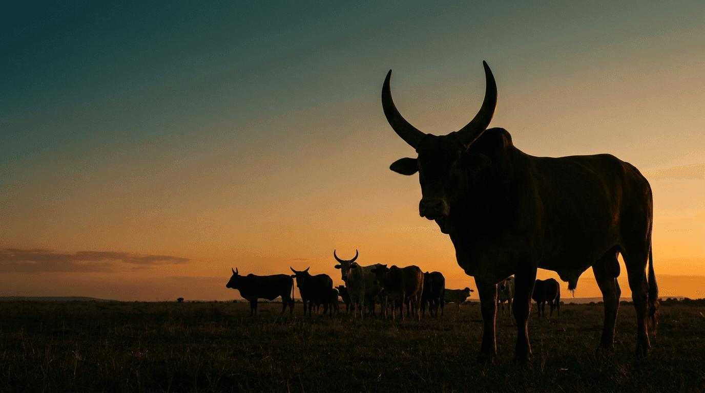 Boran herd at dusk on Brazilian pasture (digitally generated concept image).